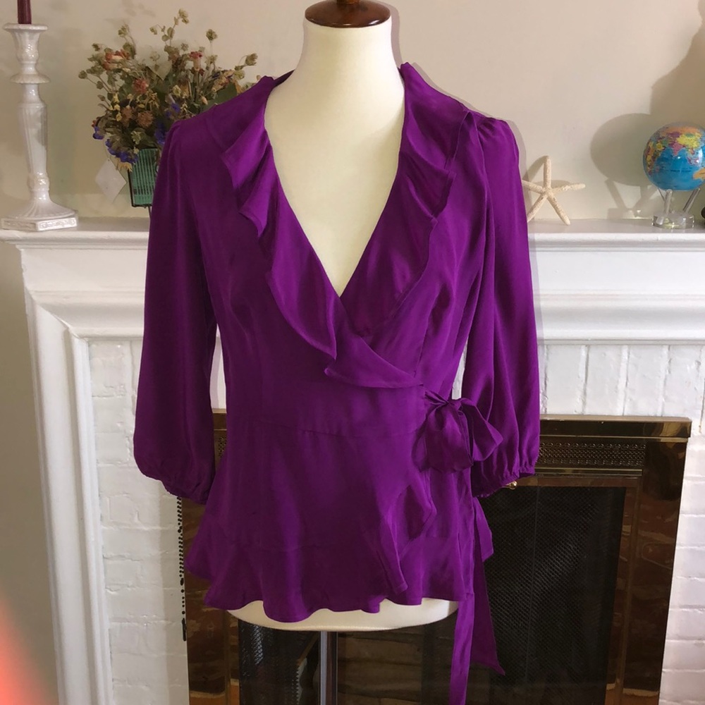 🌹Nanette lepore silk purple wrap ruffles top Sz 6 - Picture 1 of 5